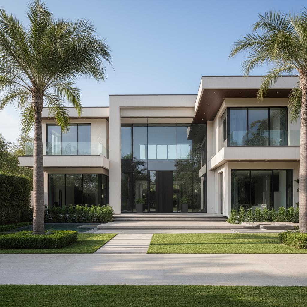 Modern luxury mansion with palm trees